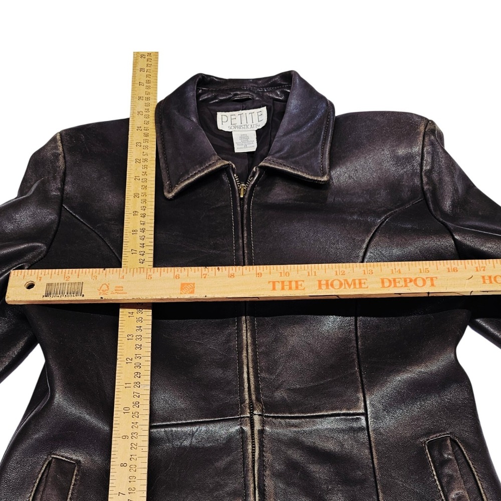 Petite Sophisticate Leather Jacket Womens M Dark Brown Distressed Zip Biker Grng - Picture 7 of 9